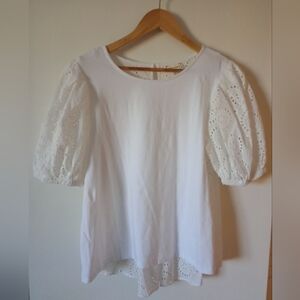 White Puff Sleeve Eyelet Cottagecore Top Size Medium